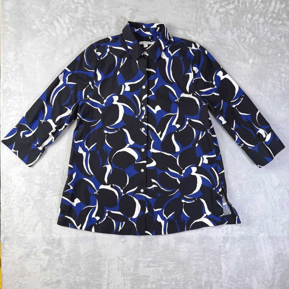 Chico's Button Down Shirt‎ Women 0.5 S Blue Black Abstract Floral 3/4 Sleeve